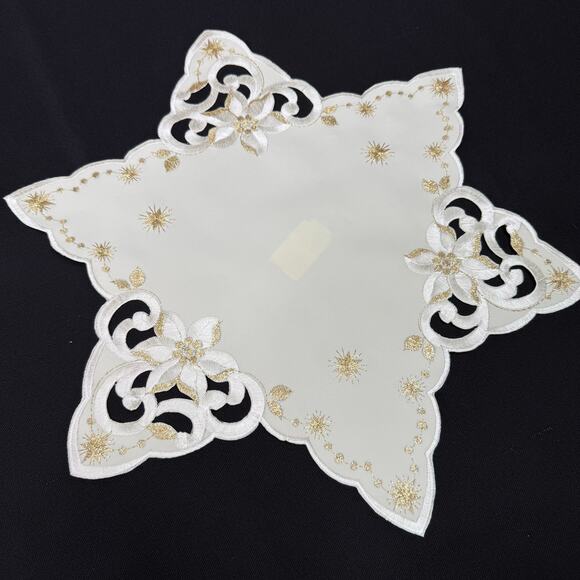 Set 2 German Embroidered Christmas Doilies Star Shaped Gold Thread 15” Table Mat - Picture 2 of 5
